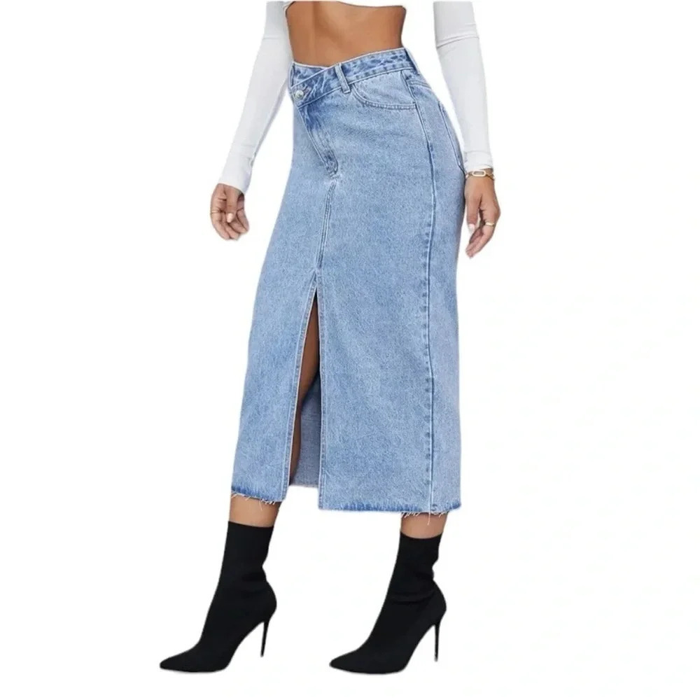 NWOT‎ Women's Casual High Waist Denim Skirt Split Hem Raw Trim Midi Jean Skirt